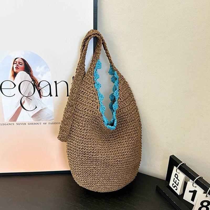 

Yogodlns Large Capacity Straw Woven Shoulder Bag for Women Beach Travel Commuting Underarm Bag Casual Travel Bucket Handbags 29x0.5x30cm коричневый