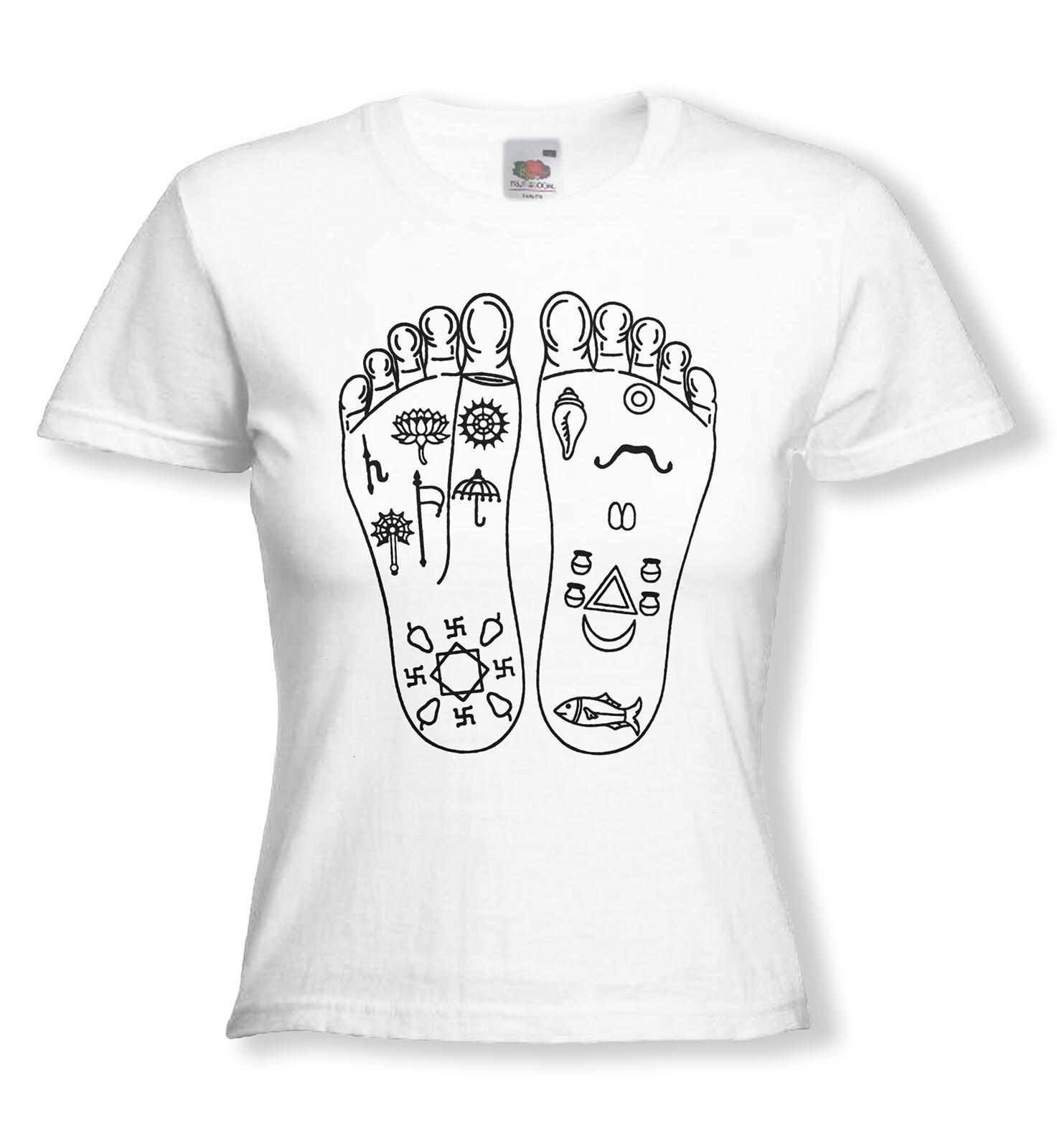 Devotional 100% Cotton T-shirt Mens Tees Tops - KRISHNAS FOOT PRINTS - Ladies Tee - Many Colour Variations L