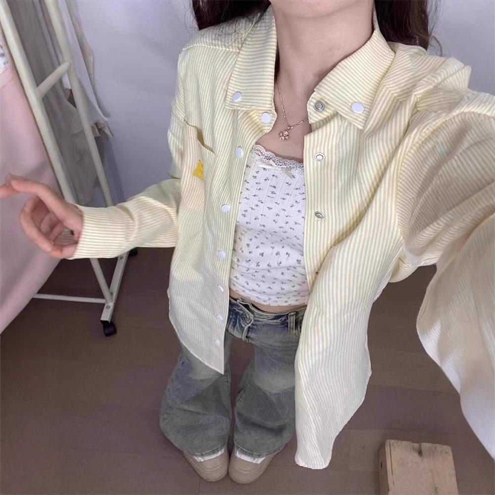 Women's American Retro Yellow Striped Polo Collar Shirt Jacket - Spring/Autumn Loose Casual Cardigan, Lazy Chic Style
