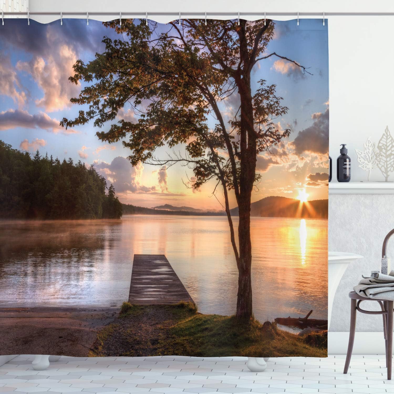 Seascape Shower Curtain Sunset Lake View Tree Dock Sunbeam Reflection Tranquility Nature Photography Decor with Hooks 90x180cm35x71in