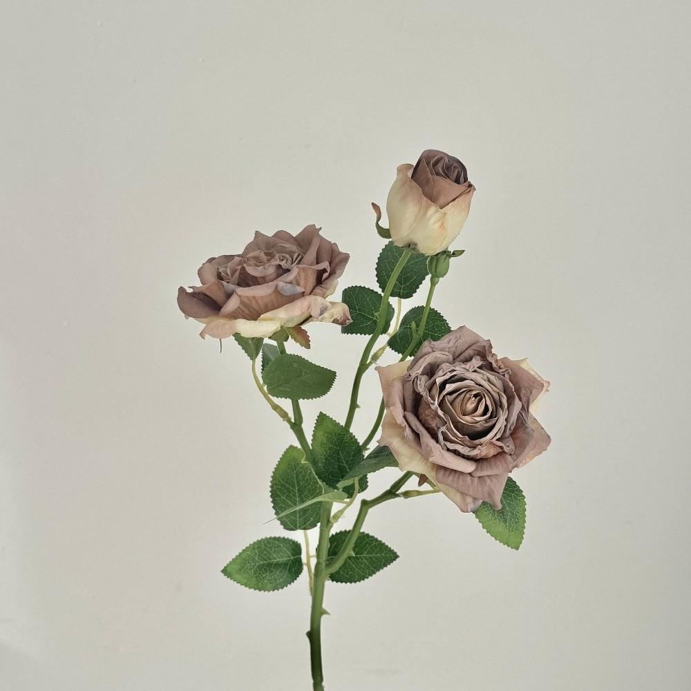 

Lifelike Burnt Edge Rose Artificial Rose Branch 3 Heads 55cm Simulation Rose Silk Vintage Style Fake Peony Garden кавовий