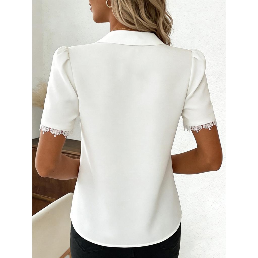 Elegant Lace Trim V-neck Women's Blouse Commute Casual Top Fashion European American Style New Arrival