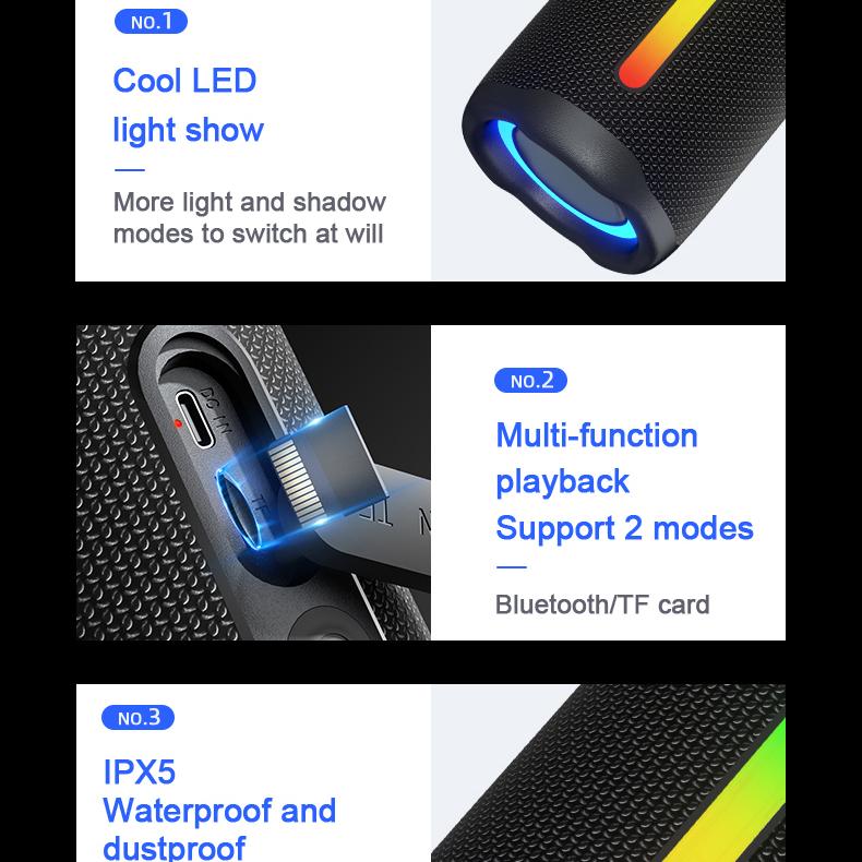 Rockmia EBS-613 Portable RGB Speaker Bluetooth 5.3 Powerful Bass box Colorful LED Light Fabric Mesh 1800MAH Outdoor Waterproof