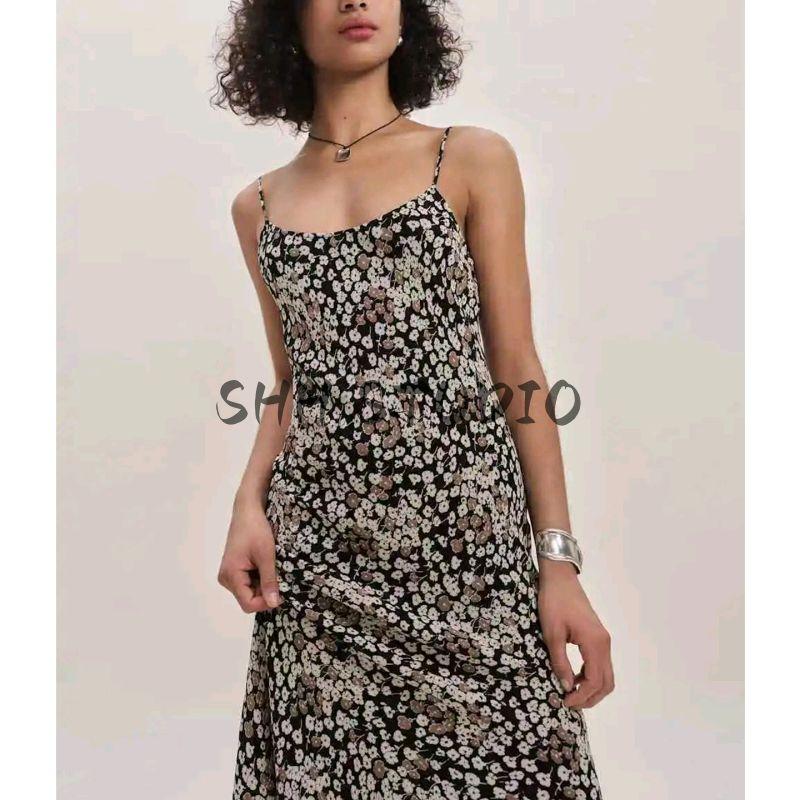 Summer New Product Women's Clothes French Vintage Style Printed Waist-Controlled Slimming Long Sheath Fishtail Sling Dress