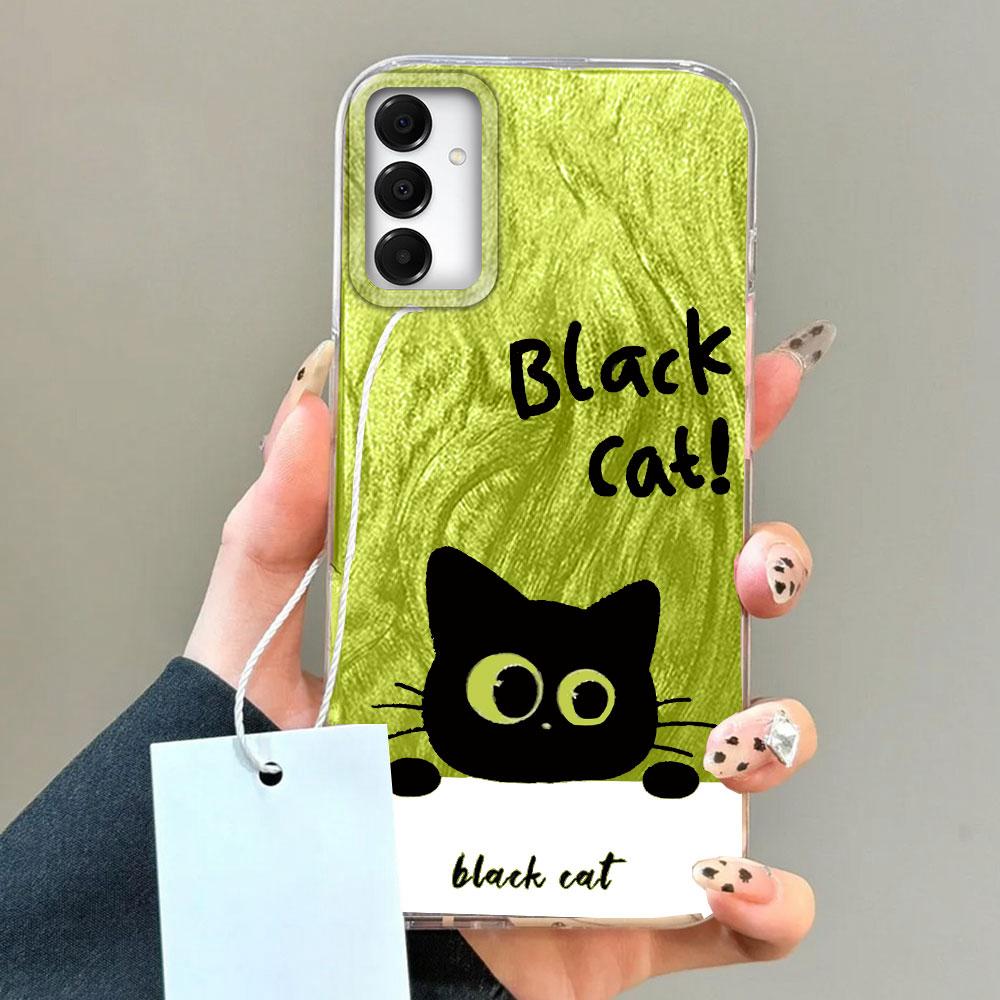 Green Cute Black Cat Camlet Texture Phone Case for Samsung Galaxy A55 A56 A36 A26 A16 A53 A06 A14 A24 A34 A54 A15 A25 A35 Cover