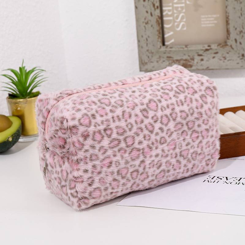 Plush Pink Leopard Print Makeup Bag With Travel Organizer For Women