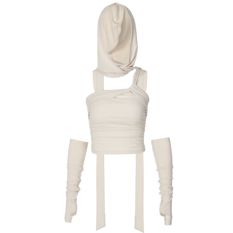

Kkx Dune Waste Soil Style Hooded Sleeveless Tied Spaghetti-Strap Vest Sexy Fold Split Skirt Desert Wear Apricot Tops L