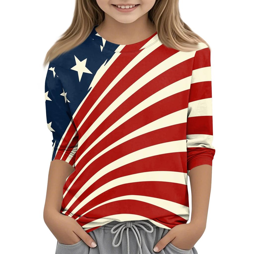 T-shirt décontracté pour enfant avec imprimé Jour de l'Indépendance, col rond, manches trois quarts