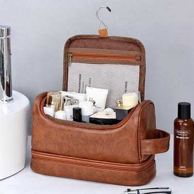 New Hanging Makeup Bag Large Capacity PU Leather Wash Bag Double Layered Men's Cosmetic Bag Travel Essentials Organizer