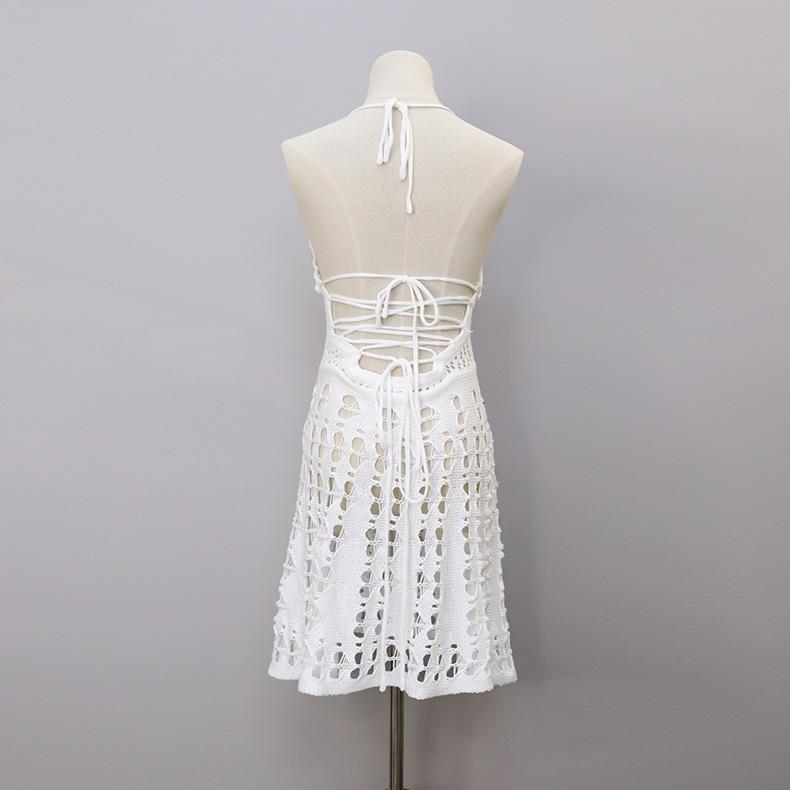 Summer Women's Beach Dress Solid Hollow Knit Dress Sexy Swimwear Cover-up Tie Neck Hanging