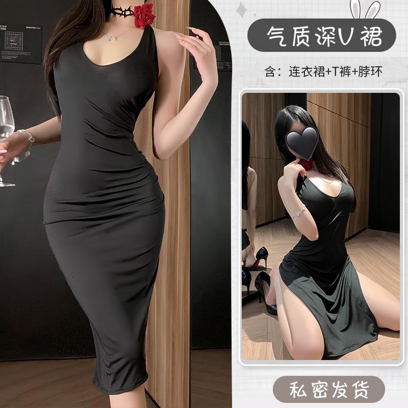 Sex underwear sexy neck suspender skirt pure desire deep V abstinence uniform pajama set