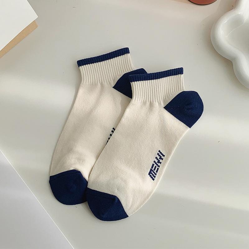 Striped socks for women, low-top ship socks, breathable navy style sports cotton socks, spring and autumn short-sleeved women's socks