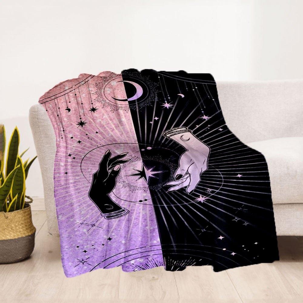 "Magical Hands: Celestial Stars Moon Crescent Illustration Art Print"Blanket Flannel Throw Blanket for Sofa, Bed, Travel, Camping, Office