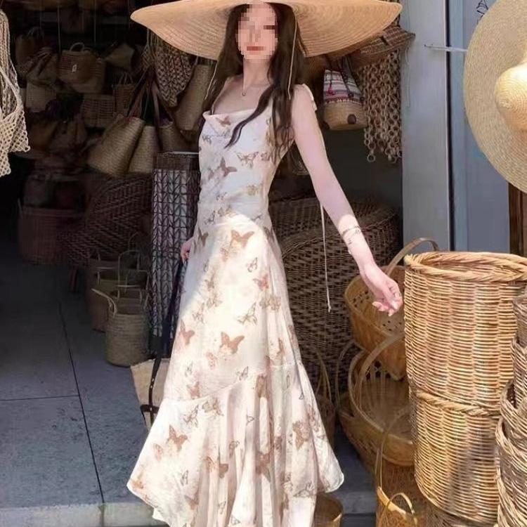 Women's Retro Butterfly Print Slimming Strappy Summer Dress