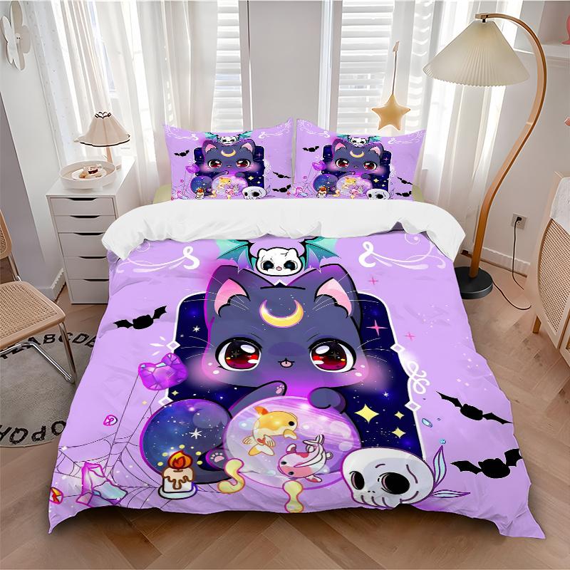 3pcs Moon Goddess Cat Pattern Bedding Set, 1* Cover + 2*Pillowcases, Printed Bedding Set, Soft and ComfortableN068