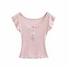 Double-layer fungus edge short-sleeved T-shirt women's summer new American Spice Girl solid-color slim-fitting front shoulder bottoming top