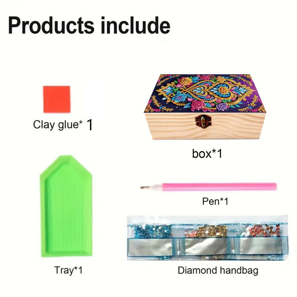 5D DIY Diamond Art Handmade Storage Box Partial Drill Colored Pattern Wood Case Wooden Crystal Storage Case Kit for Home Decor