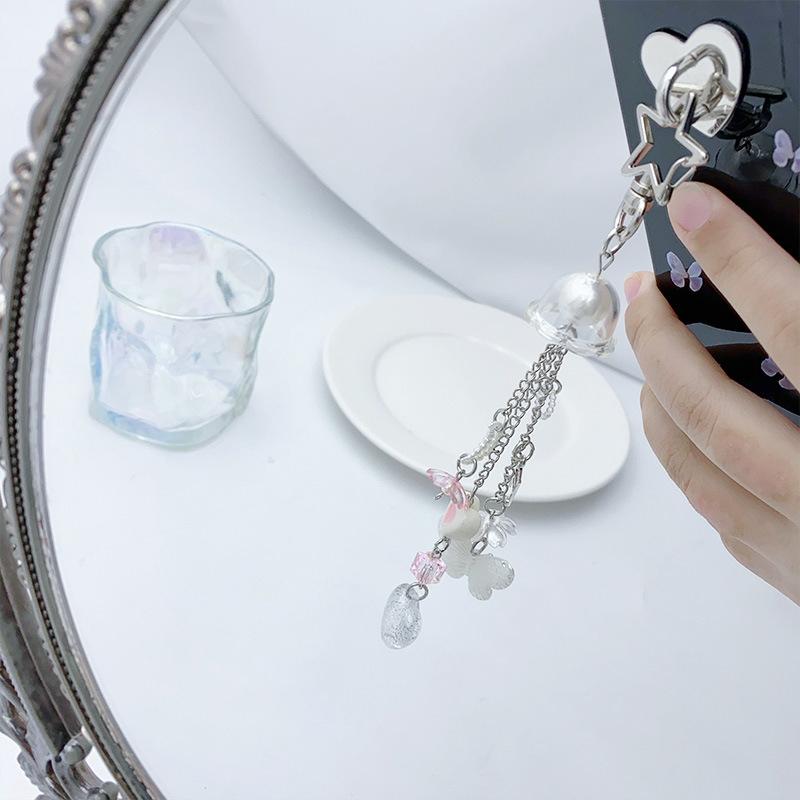 Sparkling Love Butterfly Tassels Keychain Pendant Kawaii Key Chain Bag Beaded Phone Charm Chain Accessory Girls Women Jewelry