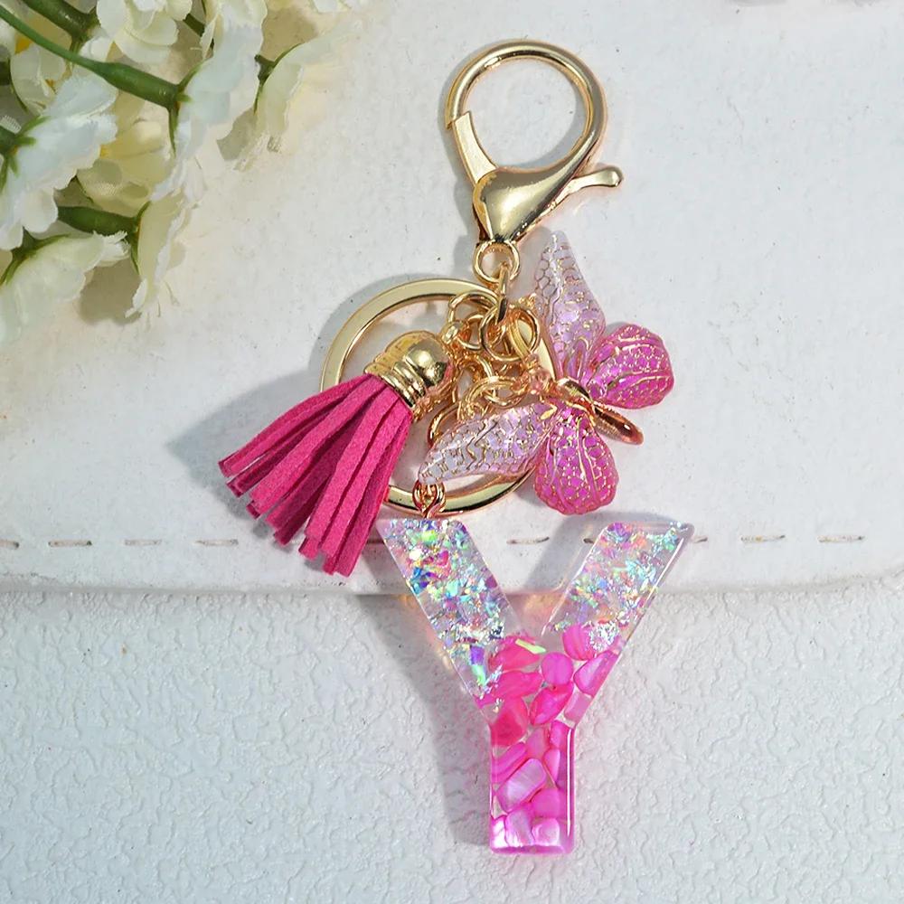 Gradient Pink Jewelry Letter Keyring Resin Letter Keychain with Fringe Butterfly DIY Bag Decoration Pendant Party Gift