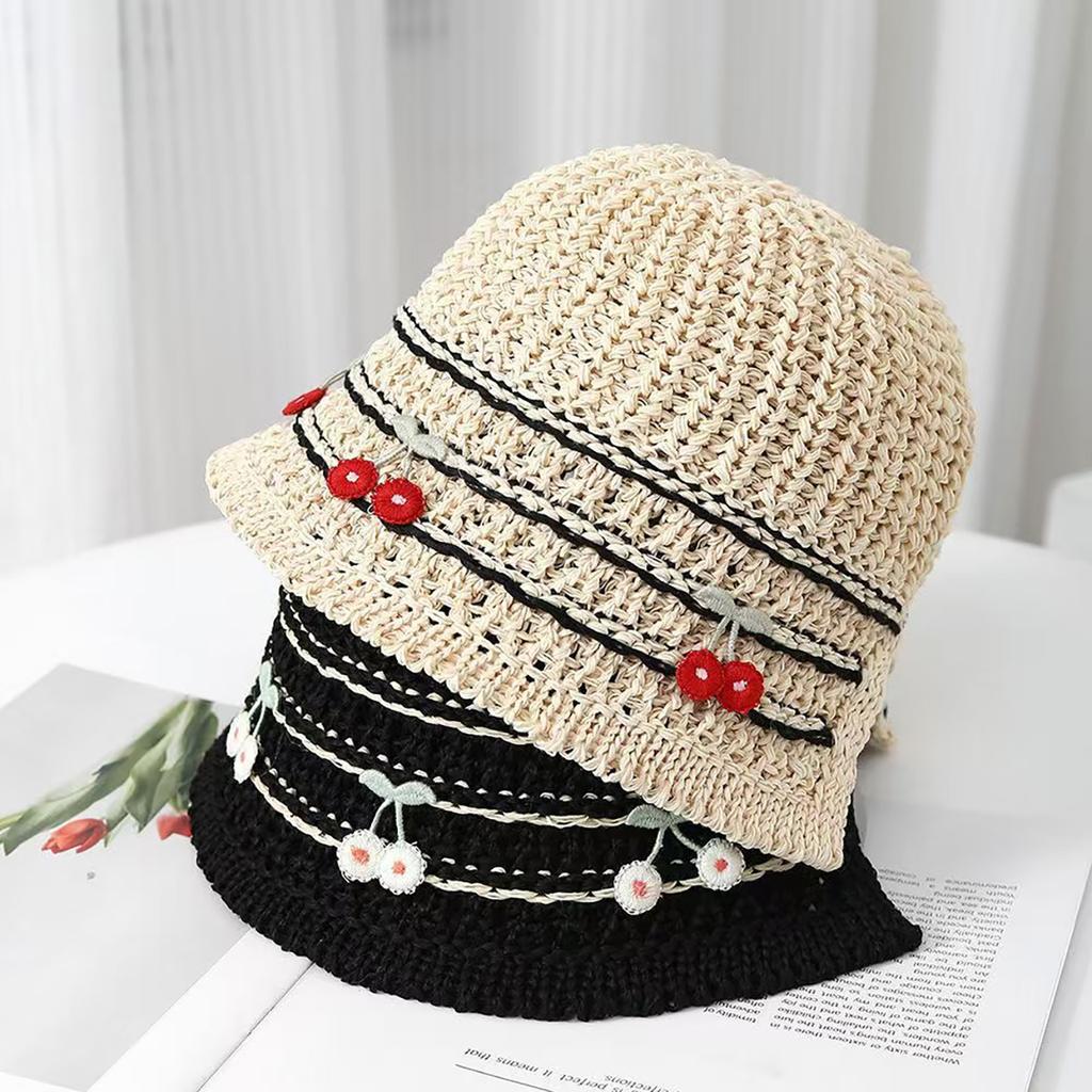 Summer Women Straw Bucket Hat Cute Cherry Breathable Panama Fisherman Hats Outdoor Travel Beach Female Sunscreen Cap