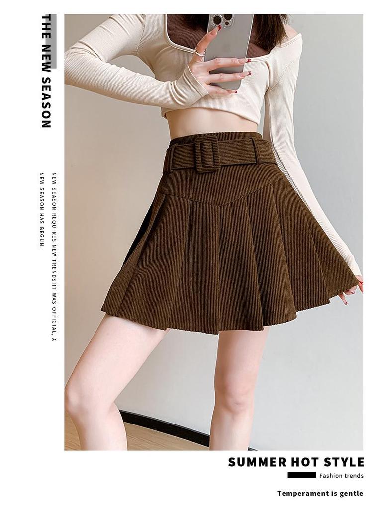 High-Waisted Pleated Chenille A-Line Skirt for Tall Women - Anti-Exposure, Corduroy, Short, Suitable for Spring and Autumn.