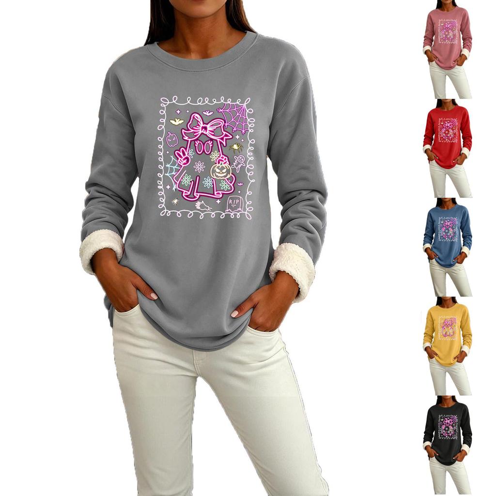 Women's -Lined Long Sleeve Round Neck Halloween Printed Casual Top for Winter