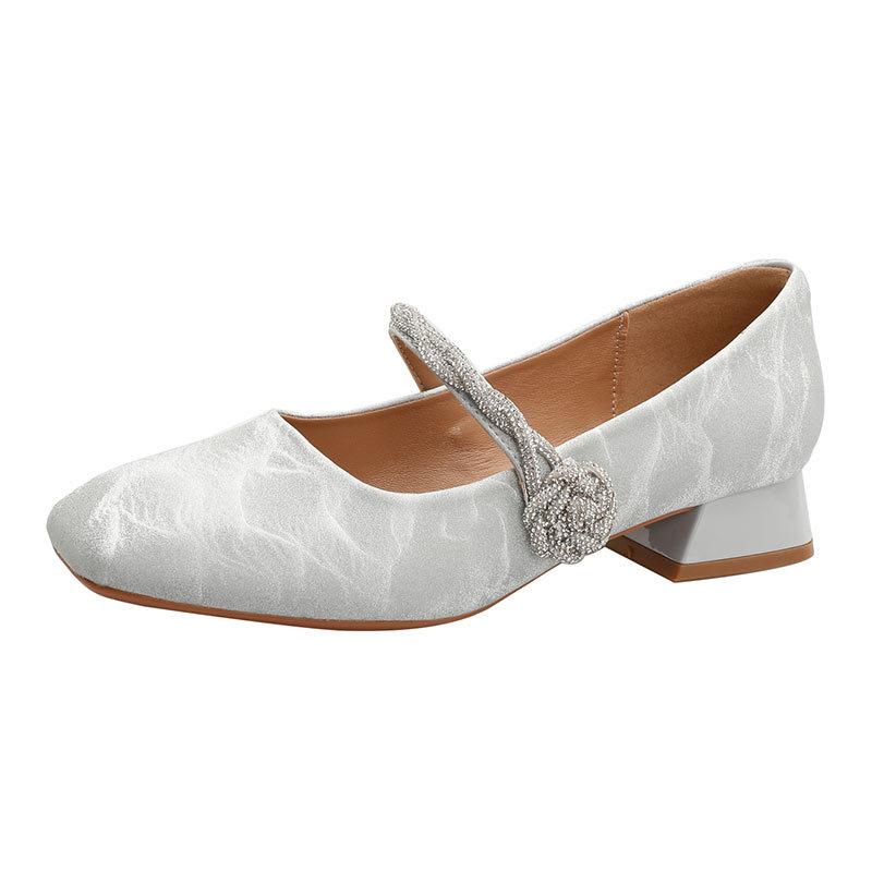 Square head thick heel Mary Jane shoes women's magic buckle one-word strap high heels 2025 new spring and autumn French low-heeled single shoes
