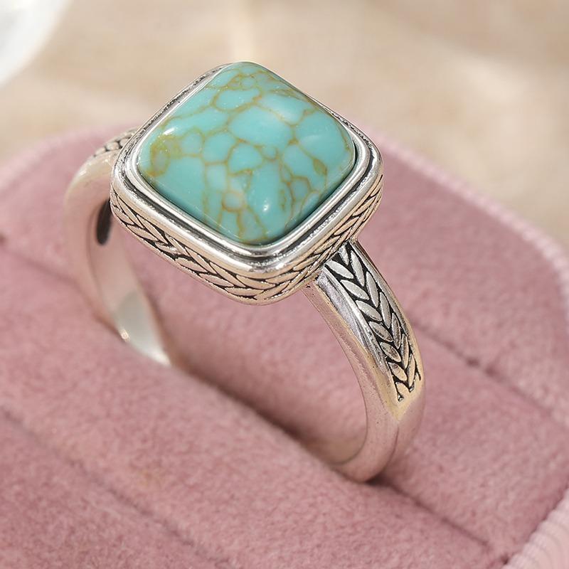 Ethnic CopperColor Inlaid Imitation Turquoise Women's Ring Square Daily Wear Party Jewelry