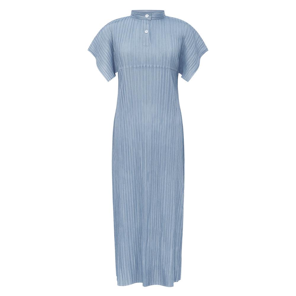 

2025 Summer Pleated A-line Dress: Stand-up Collar, Short Sleeve, Mid-length, Simple, Slimming One Size світло-синій колір