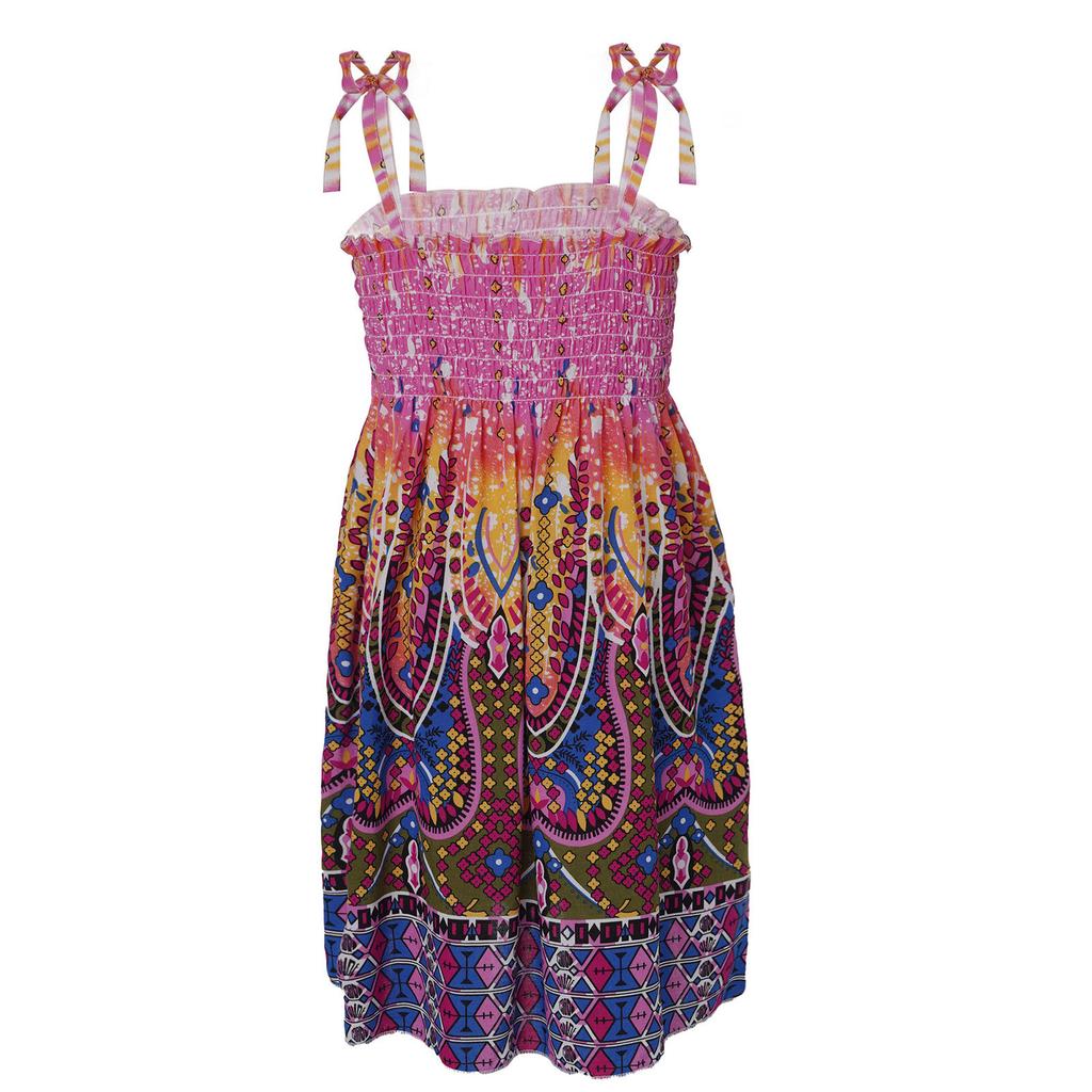 Girls Bohemian Beach Dress Off Shoulder Floral Sleeveless Rainbow Straps Suspender Dress with Necklace Summer Outfit