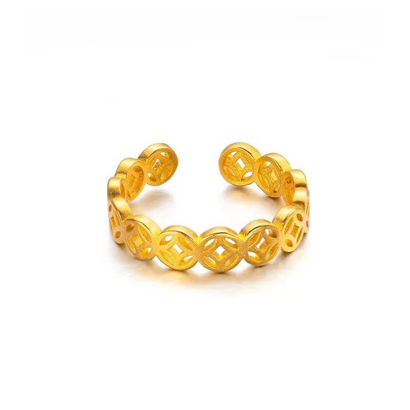 999 Sterling Silver & 24K Gold Copper Coin Ring: Trendy Open Band for Wealth