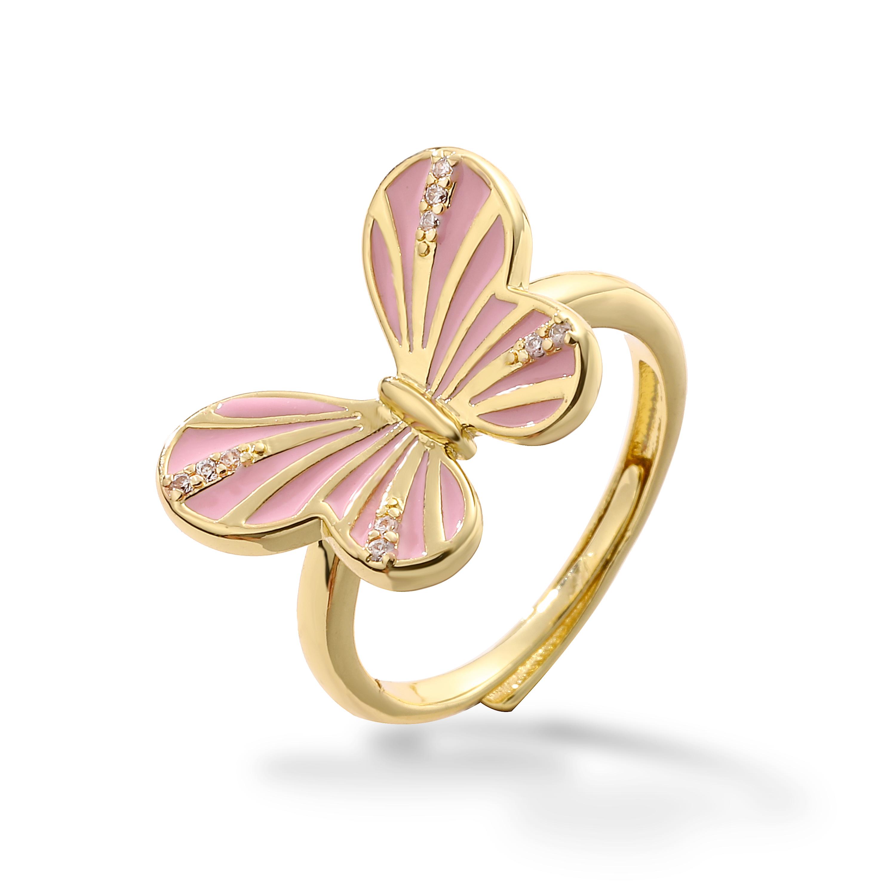HECHENG Enamel Butterfly Insect Brass Material 18K Gold-plated Women s Ring Inlaid With Zircon Couple Anniversary Gift resizable розовый