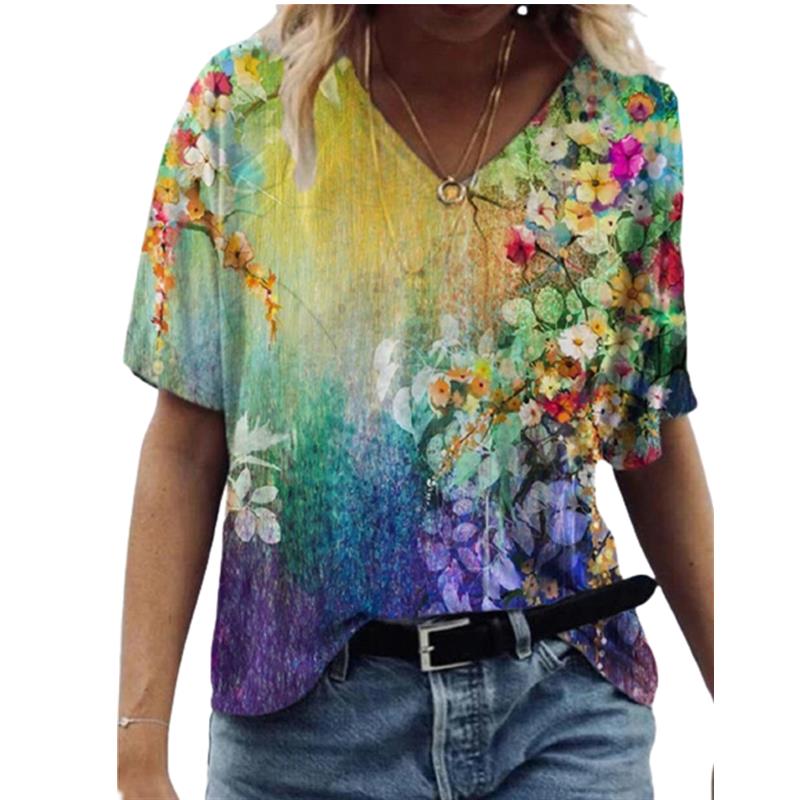 Oversized Women Summer New Casual Short Sleeve Loose Large Size Tops Landscape 3D Floral Print Top