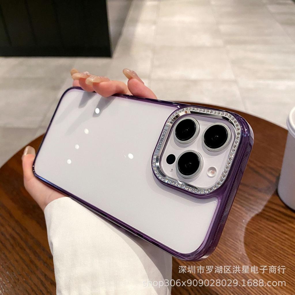 Diamond frame acrylic for iPhone16ProMax mobile phone case large hole Apple 15 transparent anti-drop protective case