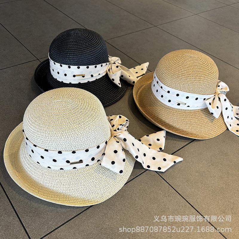 Polka Dot Ribbon Straw Hat Female Travel Beach Hat Summer Large Edge Sunscreen Sun Hat French Edge Sun Hat