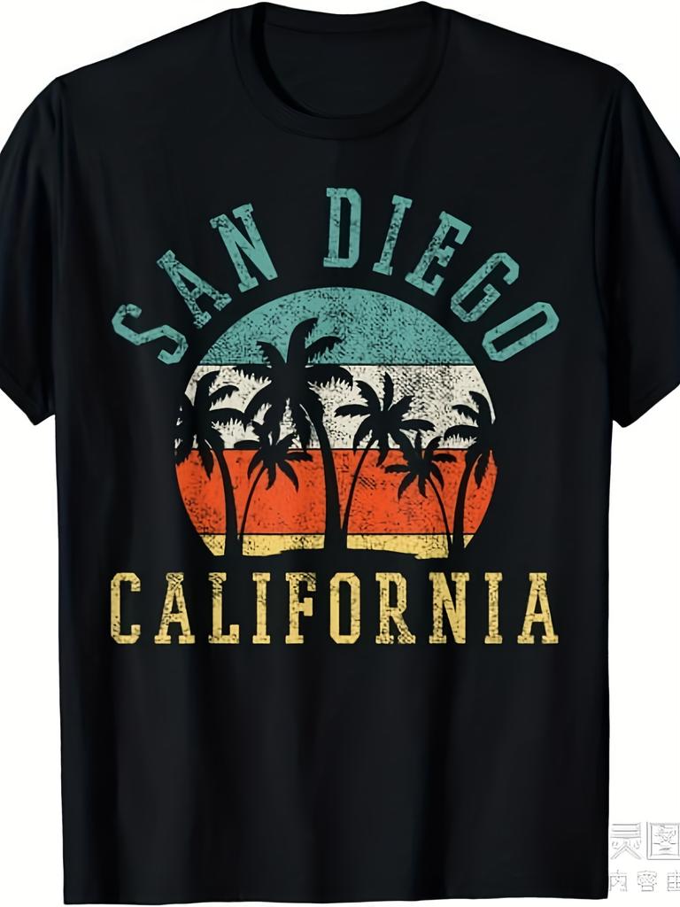 San Diego California T-Shirt - Heavyweight Retro Vintage Tee Suitable for Men & Women, Glossy Palm Tree Sunset & Lettering Design, Unisex Round Neck S