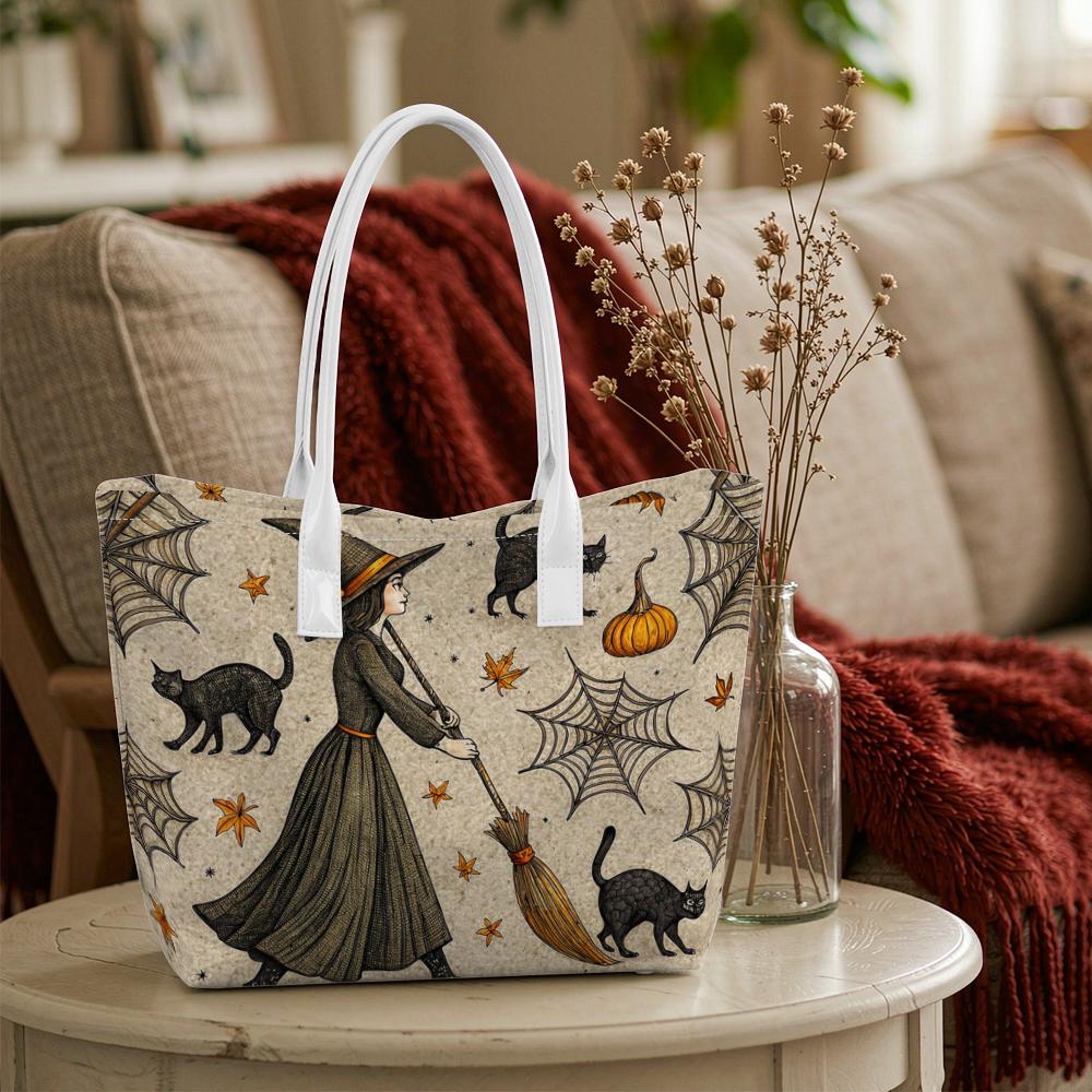 Halloween Witch Black Cat Pumpkin Spooky Web Casual Tote Bag for Daily Use