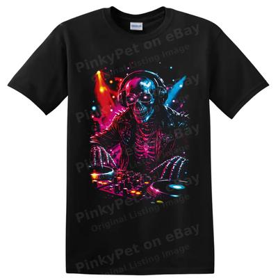 Skeleton DJ T Shirt Neon Skull Turntable Graphic Halloween Rave Music Art Tee