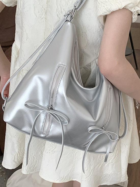 

2025 Женский рюкзак с бантом большой вместимости в корейском стиле с короткими ручками и через плечо серебряный