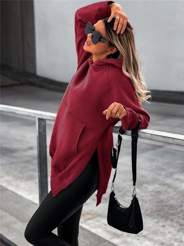 2024 Autumn/Winter Women's Solid Color Hooded Sweatshirt with Slit
