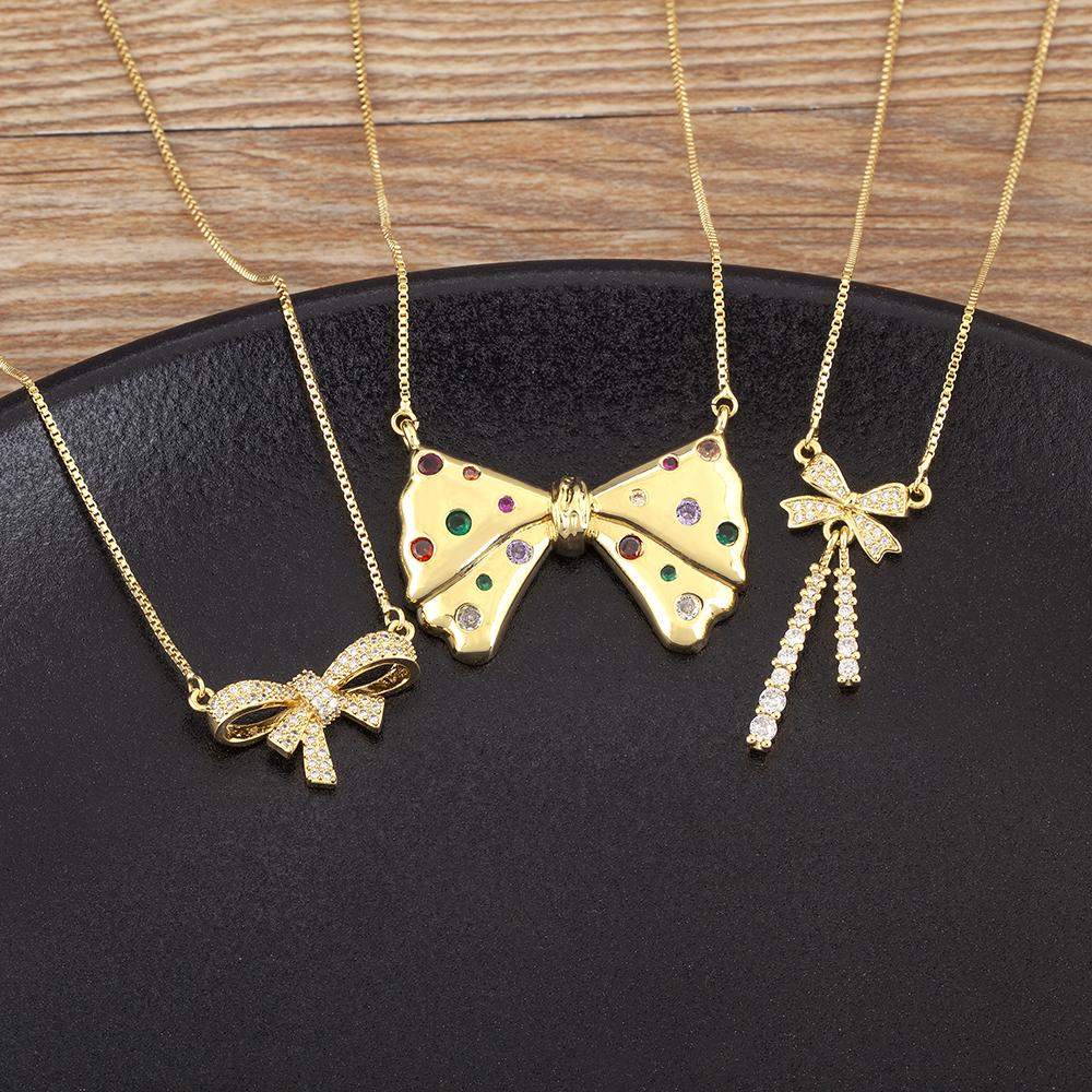 Nidin Korea Popular Bowknot Shape Shine Zircon Fine Pendant Necklace 7 Styles For Female Fashion Cute Chain Choker Jewelry Gifts