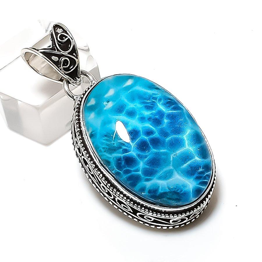 Natural Larimar Gemstone Handmade 925 Sterling Silver Jewelry Pendant 1.77" ETC-14530