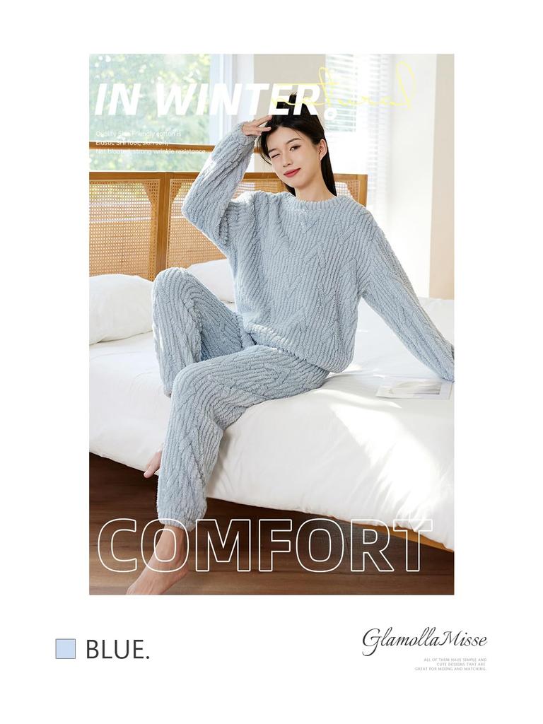 GlamollaMisse Pajama and Flannel Top and Crew Long and Long Pants with Elastic and Slimming Loungewear for and Winter Women's Set, V-Shaped