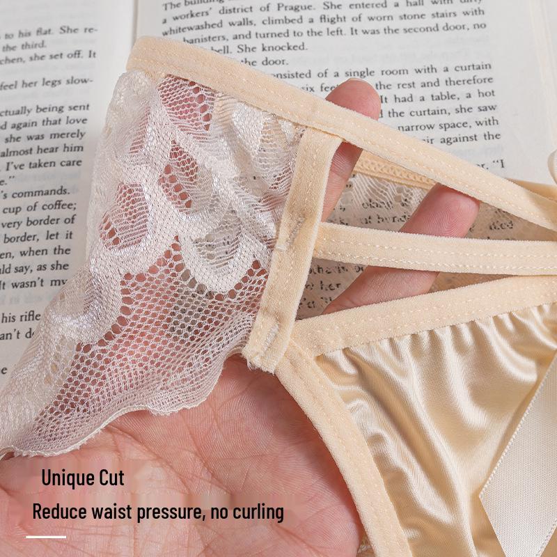 French High-Slit Satin Lace Bow Panties - Sexy, Breathable, Lightweight, Low-Waist Triangle Design