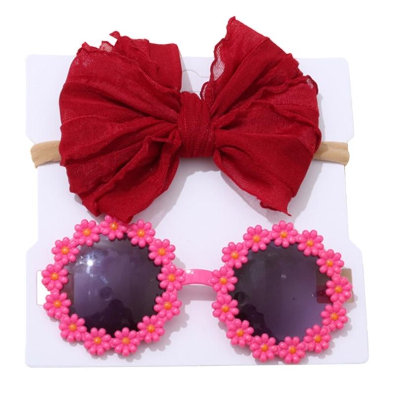 

Headband & Sunglasses Set for Baby Girls Elastic Hairband Hair Bows Kids Eyeglasses Girl Summer-Beach Photography Props бордовий
