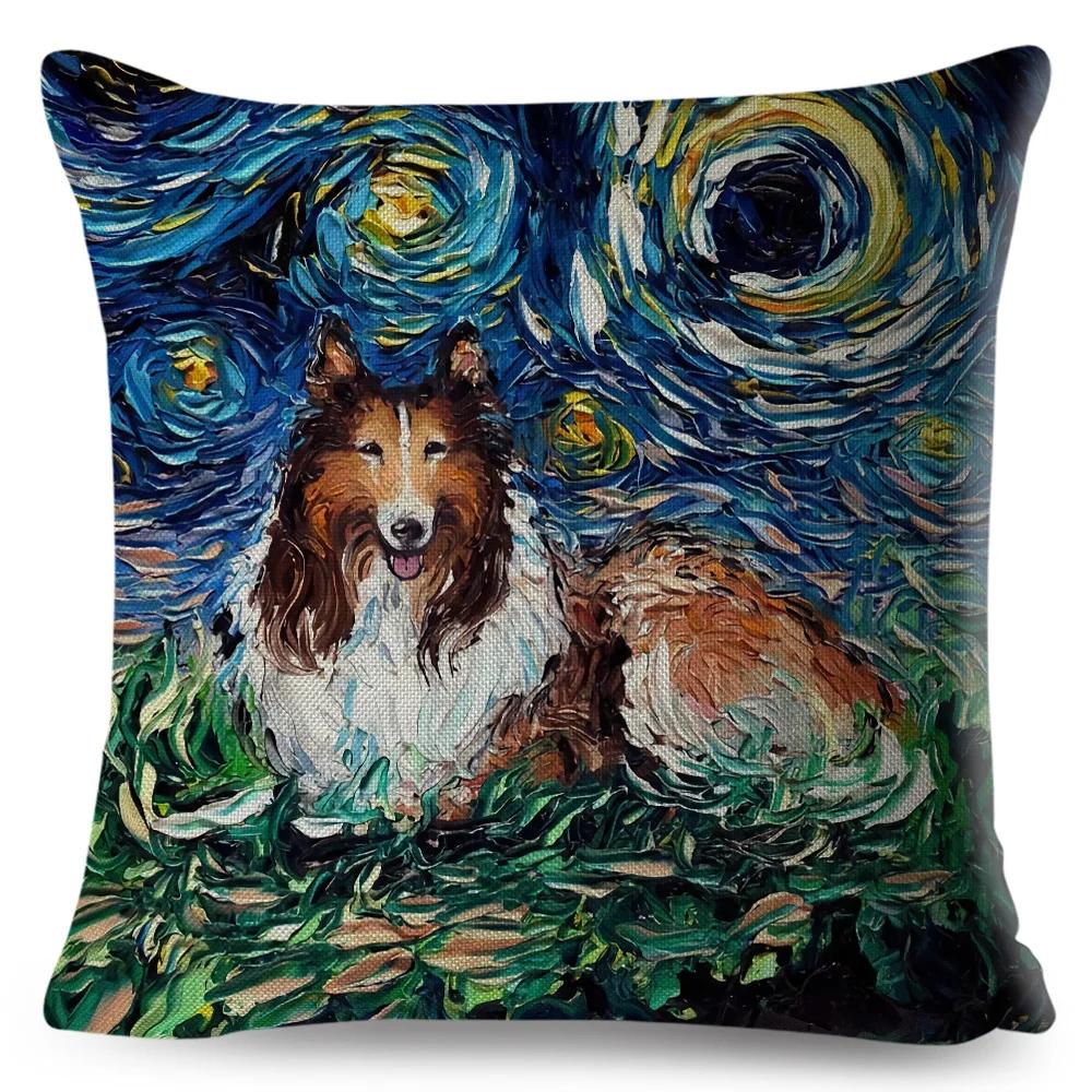 

Двусторонняя наволочка для подушки с изображением собаки и звездного неба, декоративная масляная живопись, мультяшное домашнее животное, наволочка для дивана, домашняя льняная наволочка 30x30cm