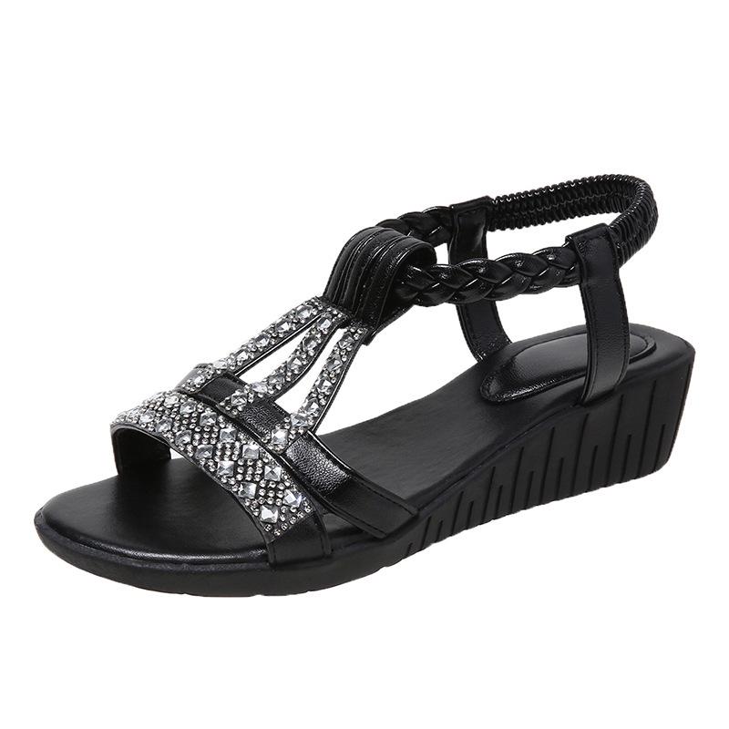 Summer Korean Style Wedge Heel Bohemian Rhinestone Roman Sandals - Large Size, Fashionable & Comfortable