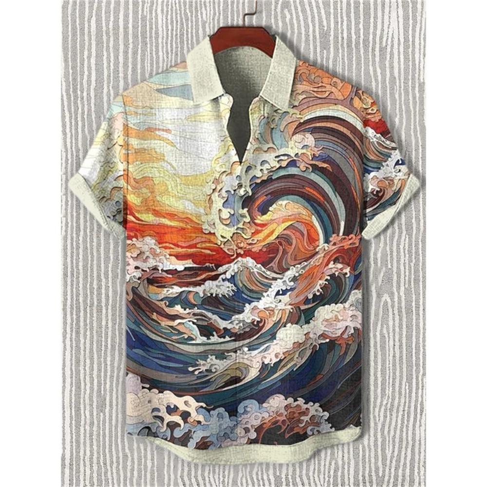 Men's Summer Fashion Printed Short-Sleeve Shirt, Casual Retro Men's Trendy Lapel Casual Top, Hawaiian Shirt