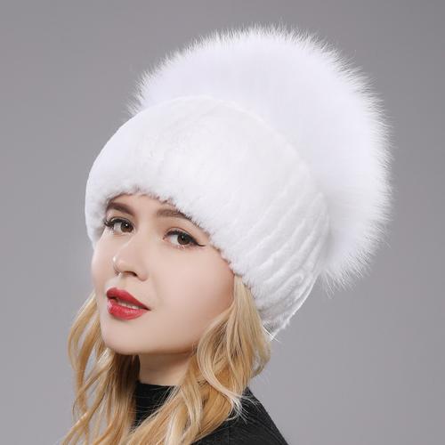 Female'S Hat Good Elastic Natural Fluffy Real Fox Fur Hat New Winter Women Knitted Real Rex Rabbit Fur Hats Lady Real Fur Cap