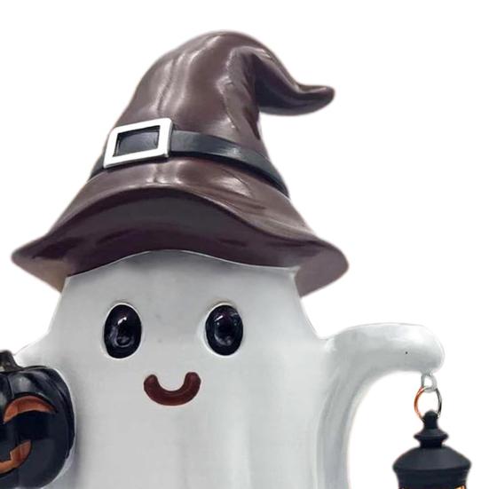 Solar Cute Ghost Statue Halloween Desktop Ornament Weather-Resistant Handmade Resin Pumpkin Ghost Figure with Light